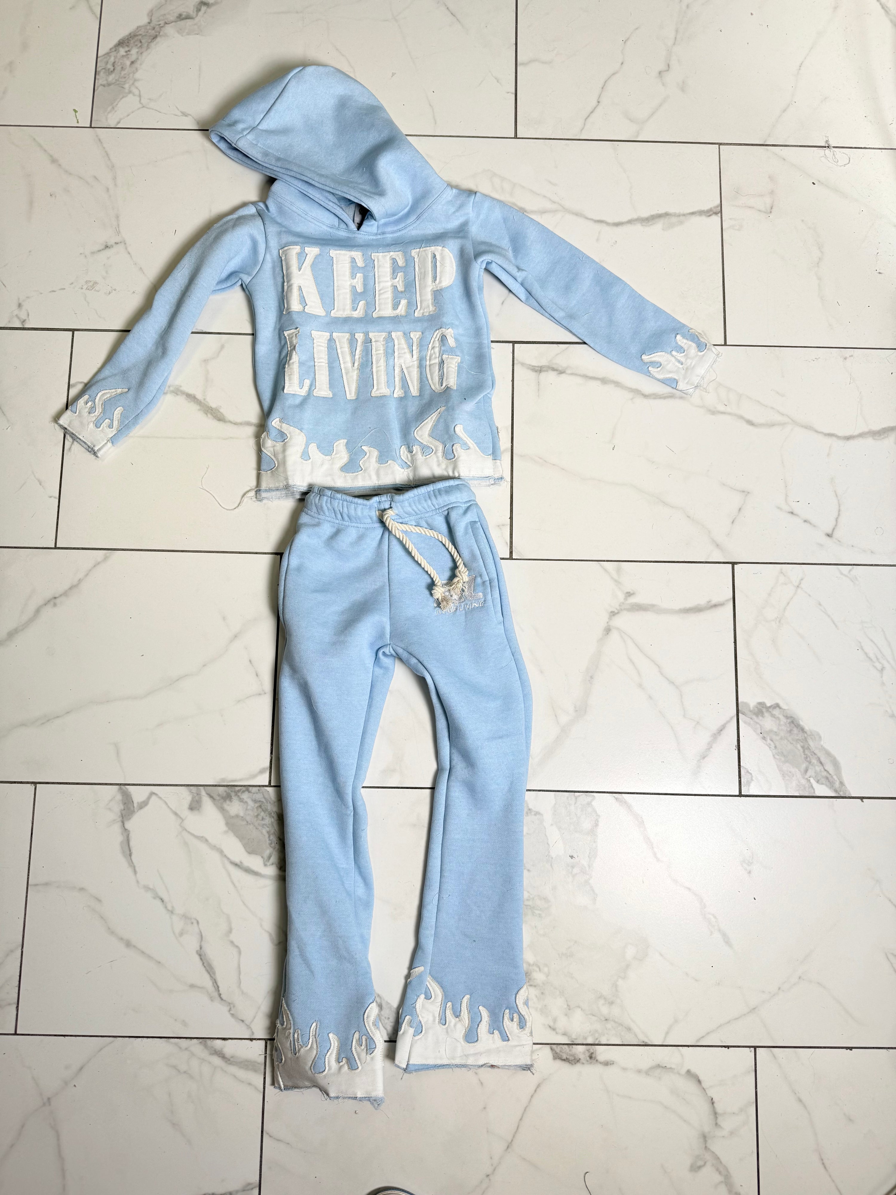 Kids Distress Hoodie Set (Light Blue/White)