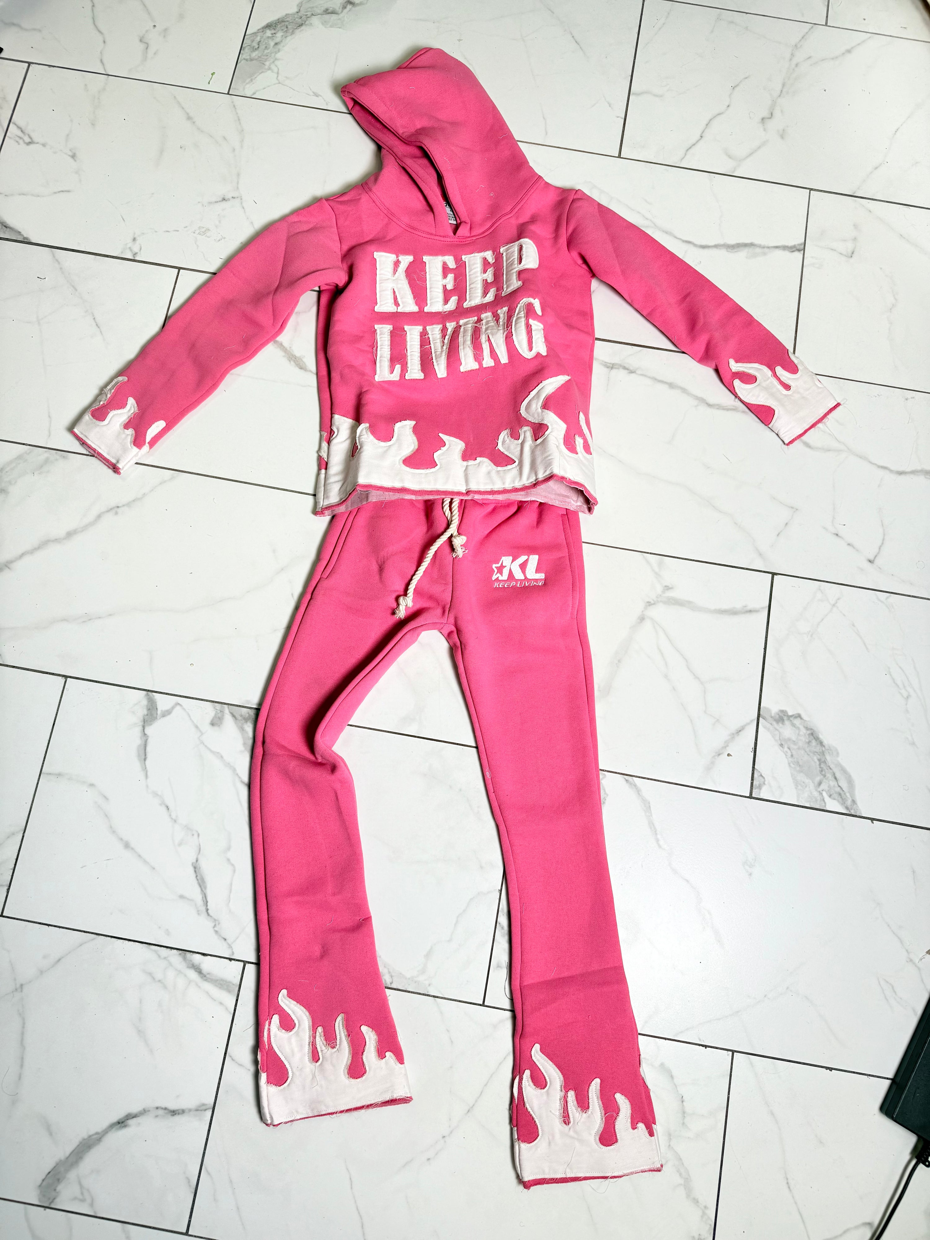 Kids Distress Hoodie Set (Pink/White)