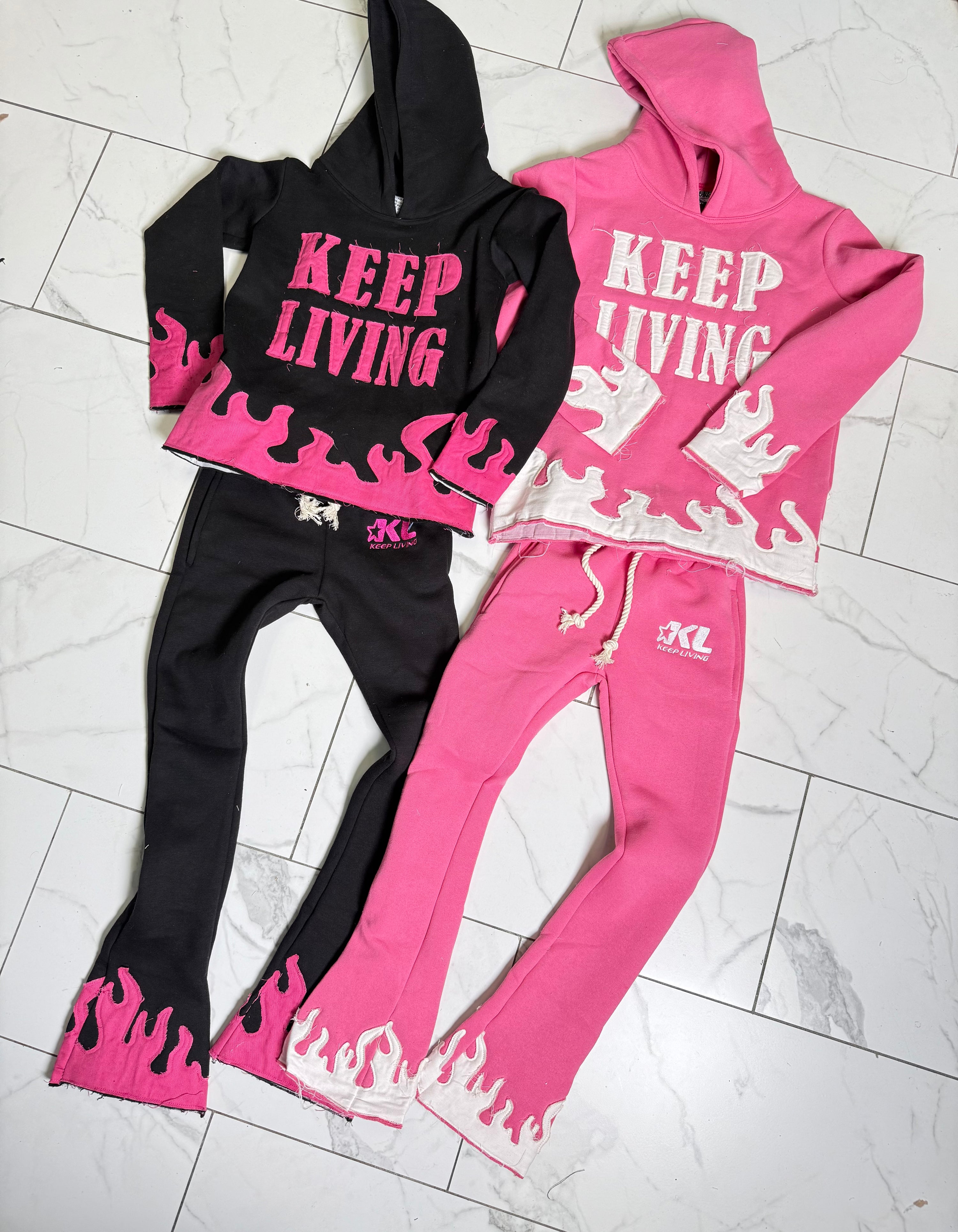 Kids Distress Hoodie Set (Black/ Hot Pink)